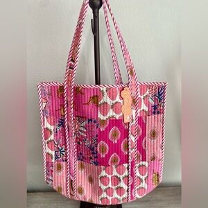 Folklore Couture Pink Floral Strawberry Quilted Travel Beach Bag Overnight Tote